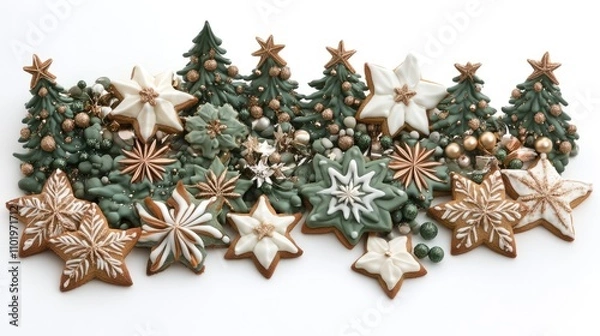 Fototapeta A lovely arrangement of Christmas cookies in the shape of stars and trees, displayed on a white surface.
