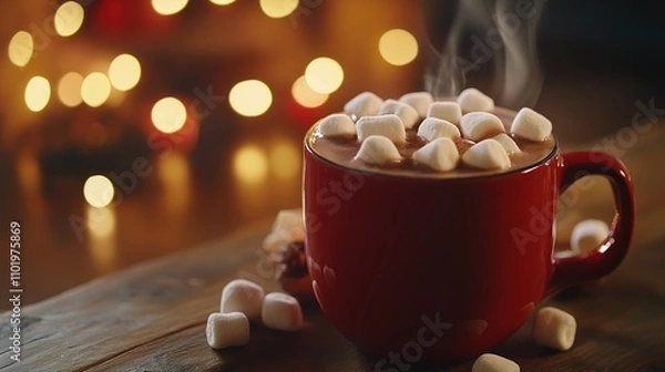 Fototapeta Steaming mug of hot cocoa topped with marshmallows, bokeh lights background.