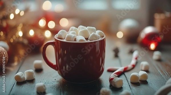 Fototapeta Festive Hot Cocoa with Marshmallows and Candy Cane on Wooden Table