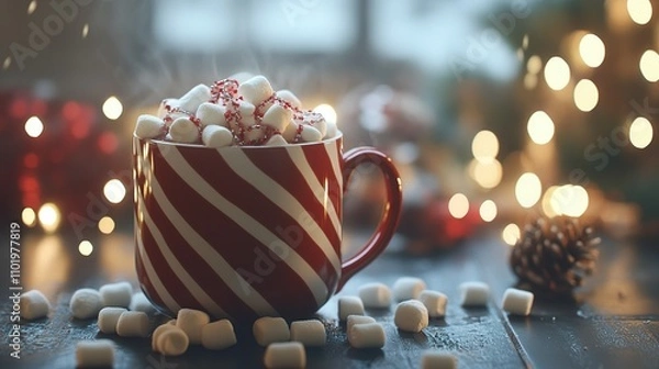 Fototapeta Festive Hot Chocolate with Marshmallows in a Candy Cane Mug