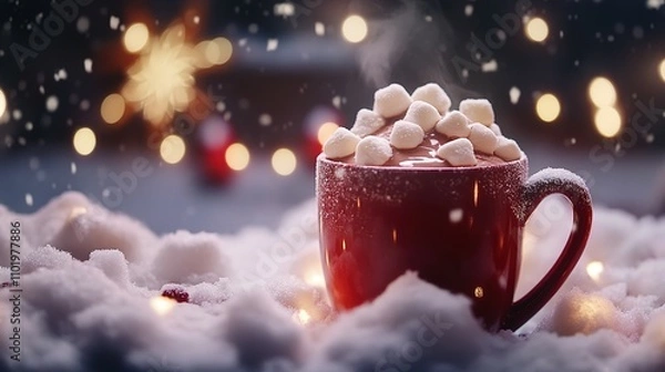 Fototapeta Festive Hot Chocolate with Marshmallows in Snowy Winter Setting