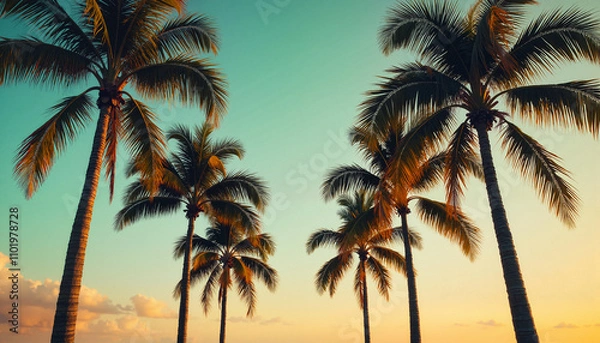 Fototapeta Majestic palm trees silhouetted against a colorful sunset sky with copy space