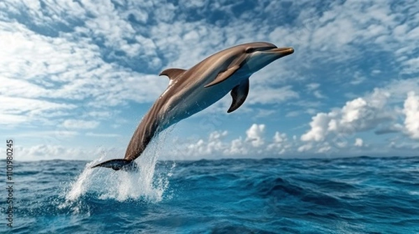 Fototapeta A lone dolphin majestically leaps through the air, its silhouette outlined against a clear blue sky and expansive ocean, embodying grace and freedom.