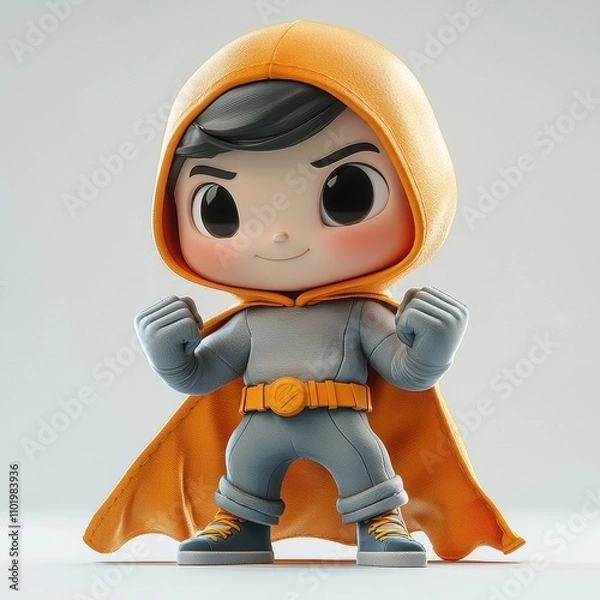 Fototapeta Little Superhero: A cute, cartoon-style superhero in a bright orange cape and a determined expression.  He stands with his fists clenched, ready for action.  A symbol of  power, bravery.