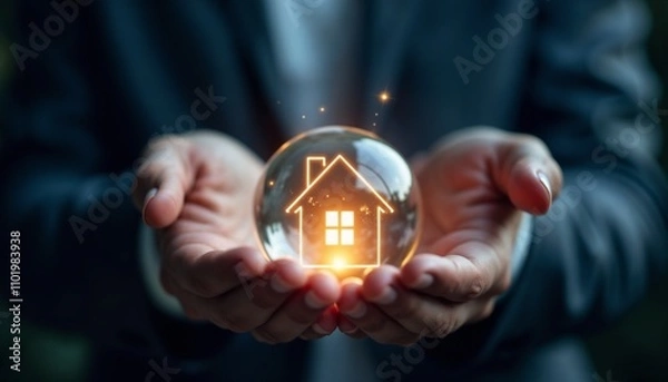 Fototapeta Businessman, aspirational mood, holding glowing house icon within crystal ball, copy space