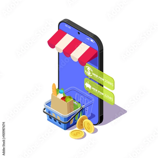 Fototapeta Isometric illustration of the concept of an online store with a shopping cart and products on the phone