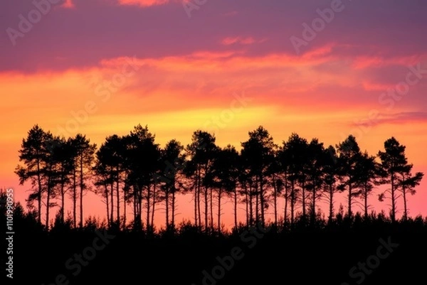Fototapeta Treetops against the sky's horizon in shadow