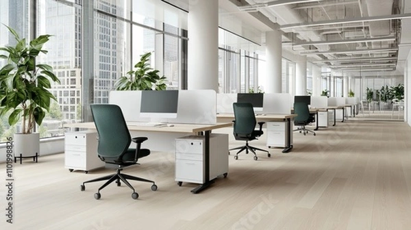 Fototapeta A large office with many desks and chairs