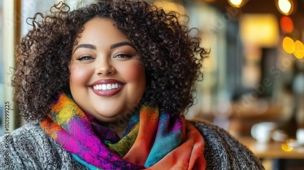 Fototapeta Empowered plus size woman smiling urban setting portrait photography warm atmosphere confidence concept for empowerment