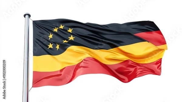 Fototapeta The image depicts a waving flag featuring black, red, and yellow horizontal stripes with a star pattern, resembling elements of Germany and Venezuela.