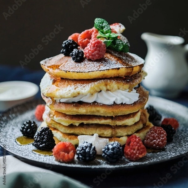Fototapeta pancakes on a plate with whipped cream, syrup, fresh berries and powdered sugar