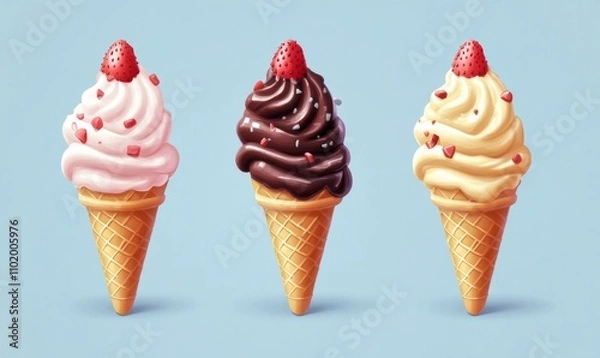 Fototapeta Isometric ice cream cone with scoops of vanilla, chocolate, and strawberry, fun dessert icon, 3D icon set