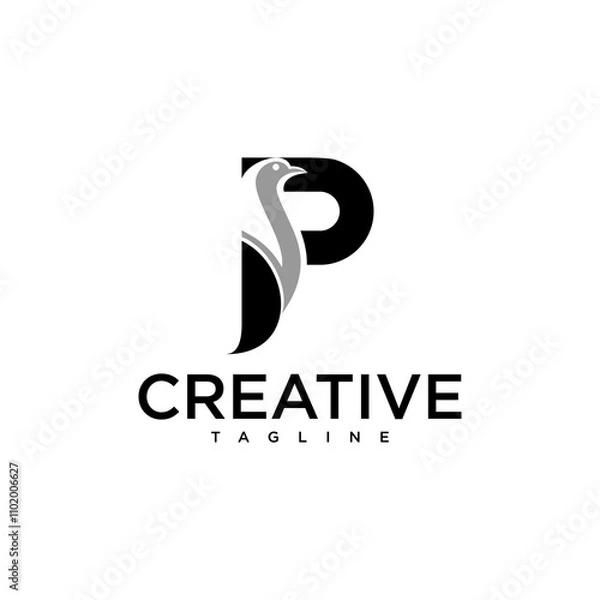 Fototapeta The letter P is combined with the modern penguin logo animal symbol