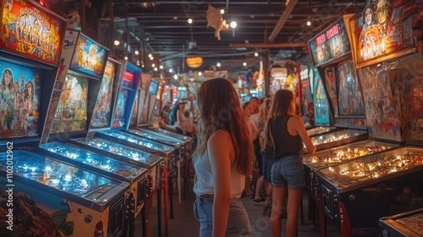 Fototapeta Woman exploring a vibrant arcade filled with vintage pinball machines.