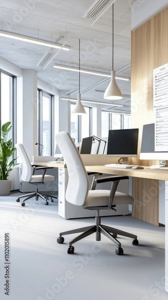 Fototapeta A white office with two desks and two chairs
