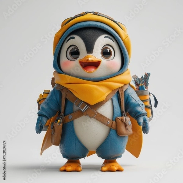 Fototapeta Adventurous Penguin:  A charming and adorable penguin in a blue jumpsuit and yellow scarf, ready for an exciting adventure. The penguin's big eyes and happy smile are sure to melt your heart.  