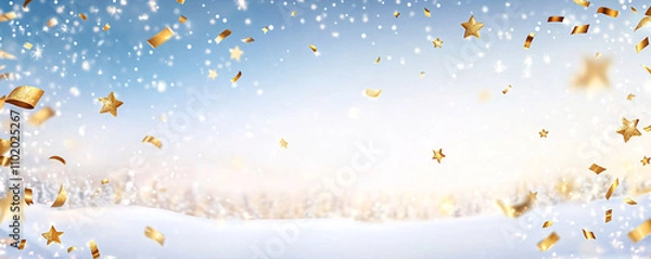 Fototapeta Vibrant holiday banner with golden confetti, sparkling stars, and a prominent Happy New Year 2023 greeting against a winter backdrop, generative AI.