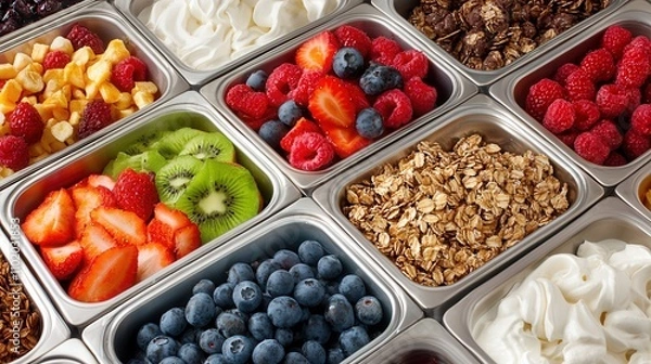 Fototapeta Self Serve Food Stations Concepts. Fresh fruit and toppings in food containers