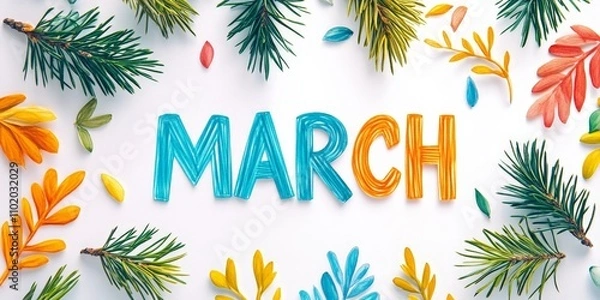 Fototapeta March Banner with Fresh Spring Foliage and Leaf Patterns