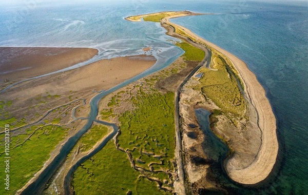 Fototapeta Foulney Island grass and shingle spit in Furness, N.E. of Walney Island, Cumbria. Wildfowl habitat. Tern, plover, geese, eider, dunlin, curlew etc.