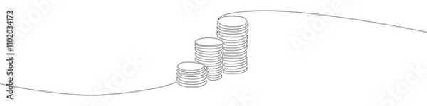 Fototapeta Three stacks of coins from smaller to larger. Increasing budgets, revenues, cash outlays. Money continuous line drawing vector illustration