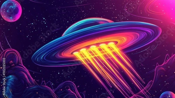 Obraz UFO emitting vibrant neon lights over a cosmic landscape of glowing stars