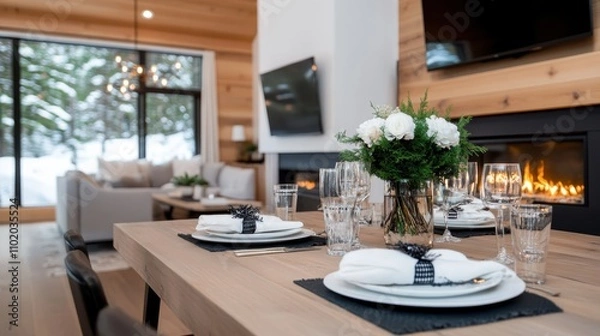 Fototapeta A tastefully arranged dining table with elegant place settings in a modern wooden interior, highlighting a warm fireplace and a stylish living area background.