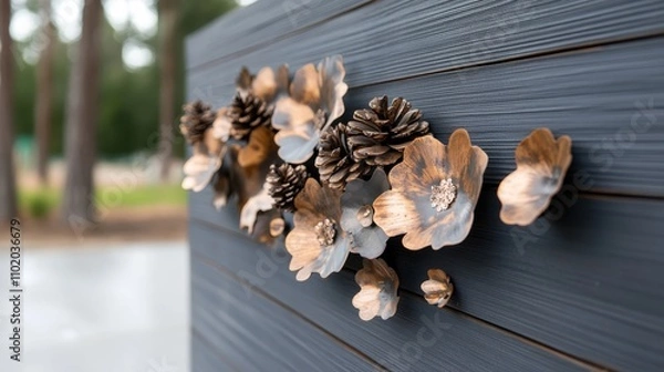 Fototapeta A wall decoration combining realistic metal pinecones and floral designs, blending natural and artistic elements to create a charming, earth-inspired aesthetic.