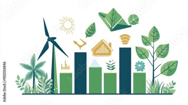 Fototapeta Vibrant green bar graph showing investment growth in renewable energy stocks, eco icons included