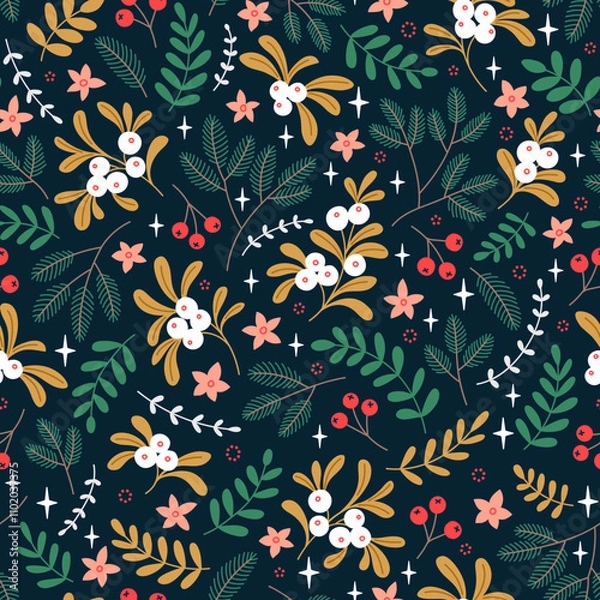 Fototapeta Merry Christmas, Happy New Year seamless pattern with winter flowers, holly leaves and berries for greeting cards, wrapping papers. Seamless winter pattern. Vector illustration. Hand drawn.