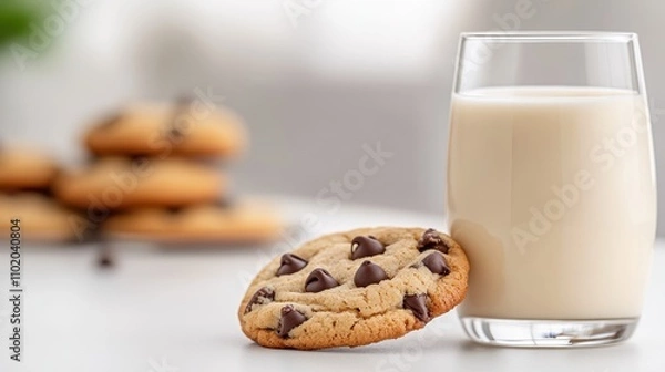 Fototapeta A freshly baked chocolate chip cookie sits elegantly leaning against a clear glass filled with creamy milk, highlighting a perfect pairing of treat and beverage.