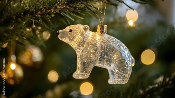Obraz 41. A close-up of a sparkling ornament shaped like a polar bear hanging on a tree