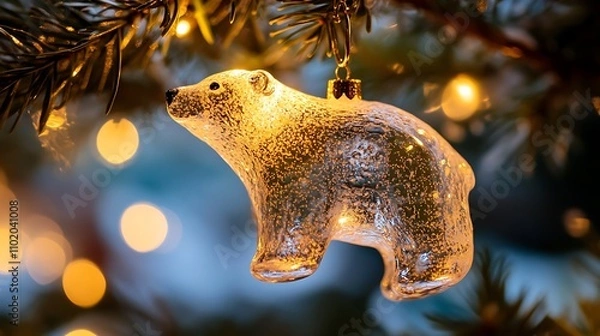Obraz 41. A close-up of a sparkling ornament shaped like a polar bear hanging on a tree