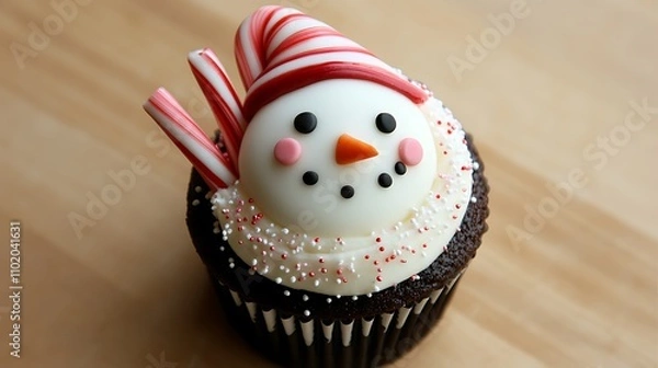 Fototapeta 34. A festive cupcake decorated with a snowman face and candy canes
