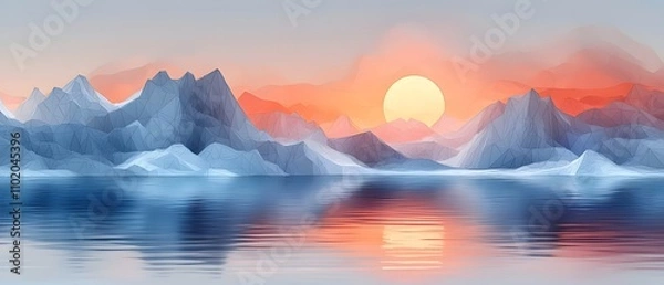 Fototapeta A tranquil landscape featuring a stylized polygonal representation of mountains reflecting in calm water at sunset, creating a serene and colorful atmosphere.