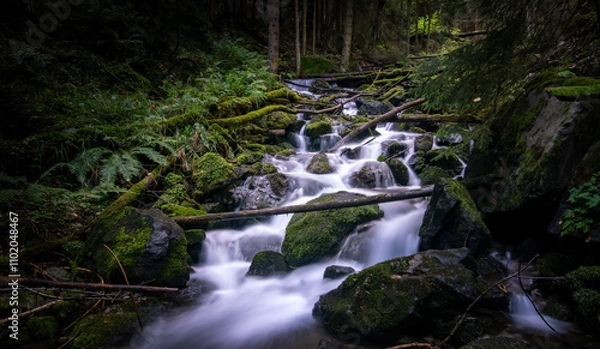 Obraz Mountain forest stream with waterfall in the Caucasus, Russia