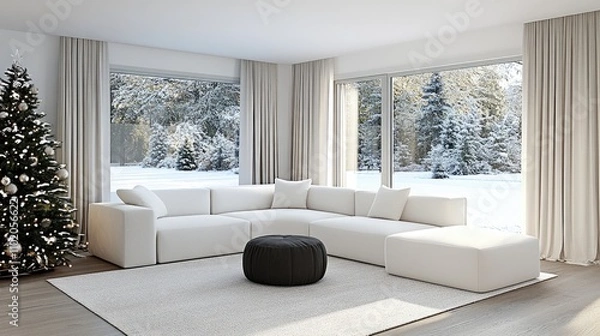 Fototapeta A warm living room features a plush sectional sofa with decorative pillows and a beautifully adorned Christmas tree, overlooking a snowy landscape through large windows