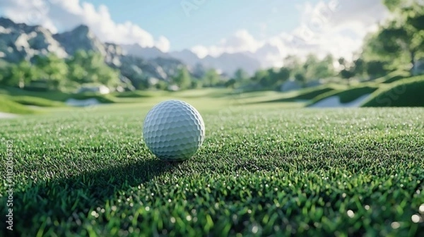 Obraz Golf Ball in Sharp Focus Flying Towards Picturesque Golf Course Scenery