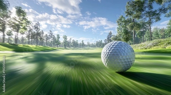 Obraz High speed Golf Ball with Visible Spin and Motion Blur on Panoramic Golf Course Landscape