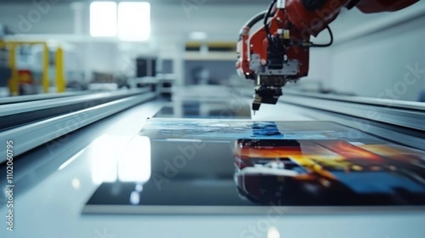 Fototapeta Workers assembling and inspecting large flat-screen TVs on a high-tech manufacturing line. Precision and teamwork in the production of advanced electronic devices.