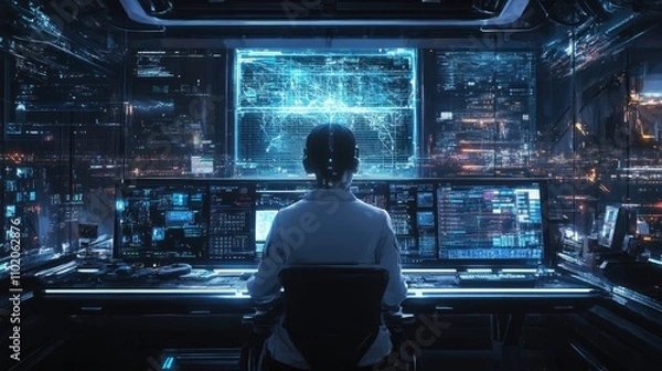 Fototapeta Engineer operator using AI system, back view