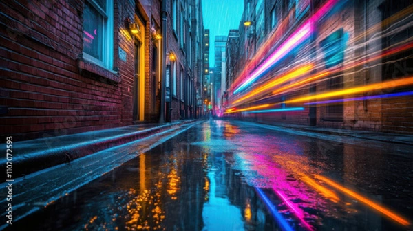 Fototapeta Neon light trails in dark alley with rain reflections create vibrant scene