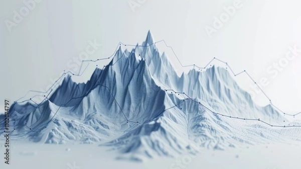 Fototapeta A detailed 3D rendering of a polygonal mountain range in monochromatic blue tones with an overlaid chart. The abstract landscape and data lines evoke themes of analysis, technology, and digital