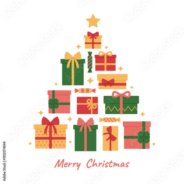 Fototapeta Christmas tree formed from colorful gift boxes with ribbons and bows, candies and stars. Stack of presents in shape of tree. Merry Christmas greeting card, banner or poster. Vector flat illustration