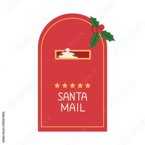 Fototapeta Santa Claus mailbox with envelope inside. Traditional red post box with stars and holly. Christmas letters delivery. Vector flat illustration isolated on white background
