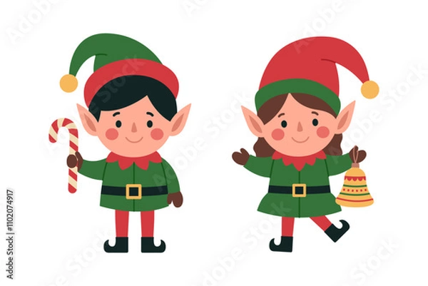 Obraz Two cute little elves. Santa Claus helpers. Boy with candy cane and girl with bell in green and red costumes and hats. Christmas characters. Vector flat illustration isolated on white background
