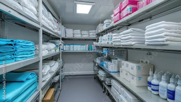 Fototapeta well organized hospital storage room with shelves stocked with medical supplies, including towels, boxes, and bottles, ensuring efficient access for healthcare professionals
