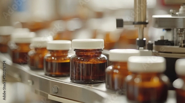 Obraz Brown glass bottles on pharmaceutical production line convey sense of precision and efficiency. machinery fills and seals each container with accuracy