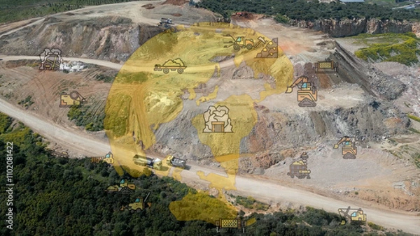 Fototapeta aerial view shot mining, dumpers, quarrying extractive industry stripping work. Big Mining Trucks. View from drone at opencast mining with lots of machinery trucks. High quality photo