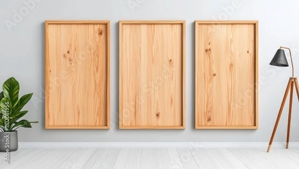 Obraz Modern living room with a neutral sofa, large artwork, and a floor lamp.